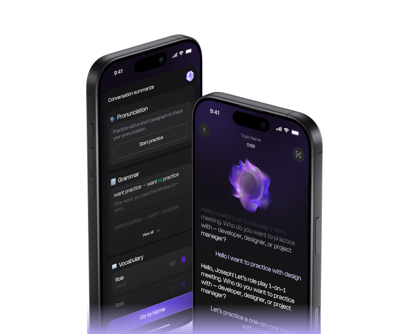 Senthora app — conversation summary and role-play screens